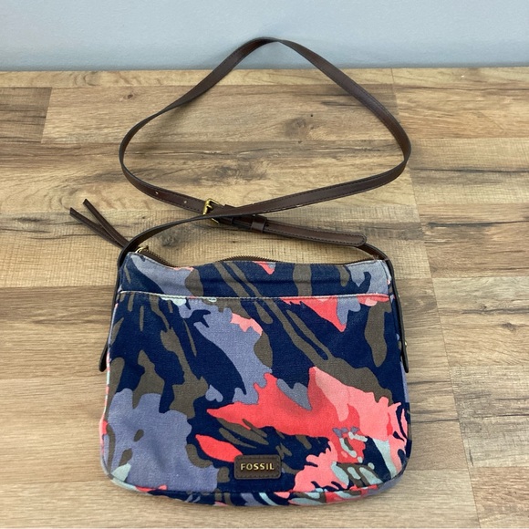 Fossil Jenna Floral Crossbody Canvas Leather Bag Blue Multicolor - Picture 1 of 14
